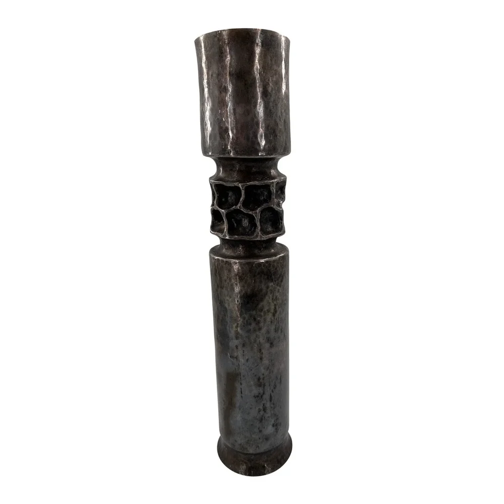 Trench Art Metal Vase Silver Brutalist Hammered Candlestick Tall Vase Decor